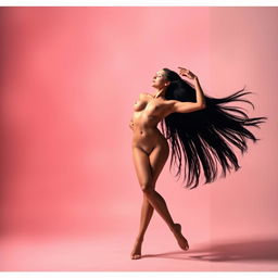 A sensual and artistic depiction of a woman dancing gracefully, her long hair flowing, and her posture embodying freedom and expression