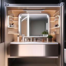 A concept plan for a sleek and modern 20x8 vanity container, featuring innovative storage solutions, elegant fixtures, and efficient use of space.