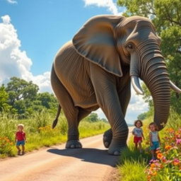 A majestic elephant walking down a sunny road surrounded by greenery, with curious little kids watching in awe from a safe distance