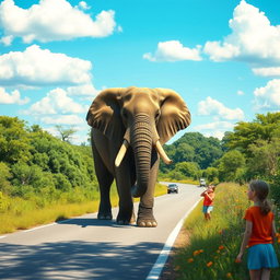 A majestic elephant walking down a sunny road surrounded by greenery, with curious little kids watching in awe from a safe distance