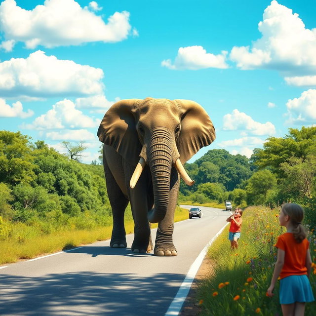 A majestic elephant walking down a sunny road surrounded by greenery, with curious little kids watching in awe from a safe distance