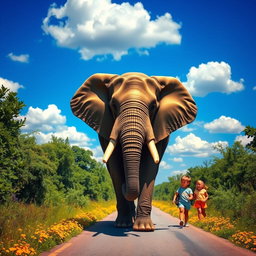 A majestic elephant walking down a sunny road surrounded by greenery, with curious little kids watching in awe from a safe distance
