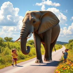 A majestic elephant walking down a sunny road surrounded by greenery, with curious little kids watching in awe from a safe distance