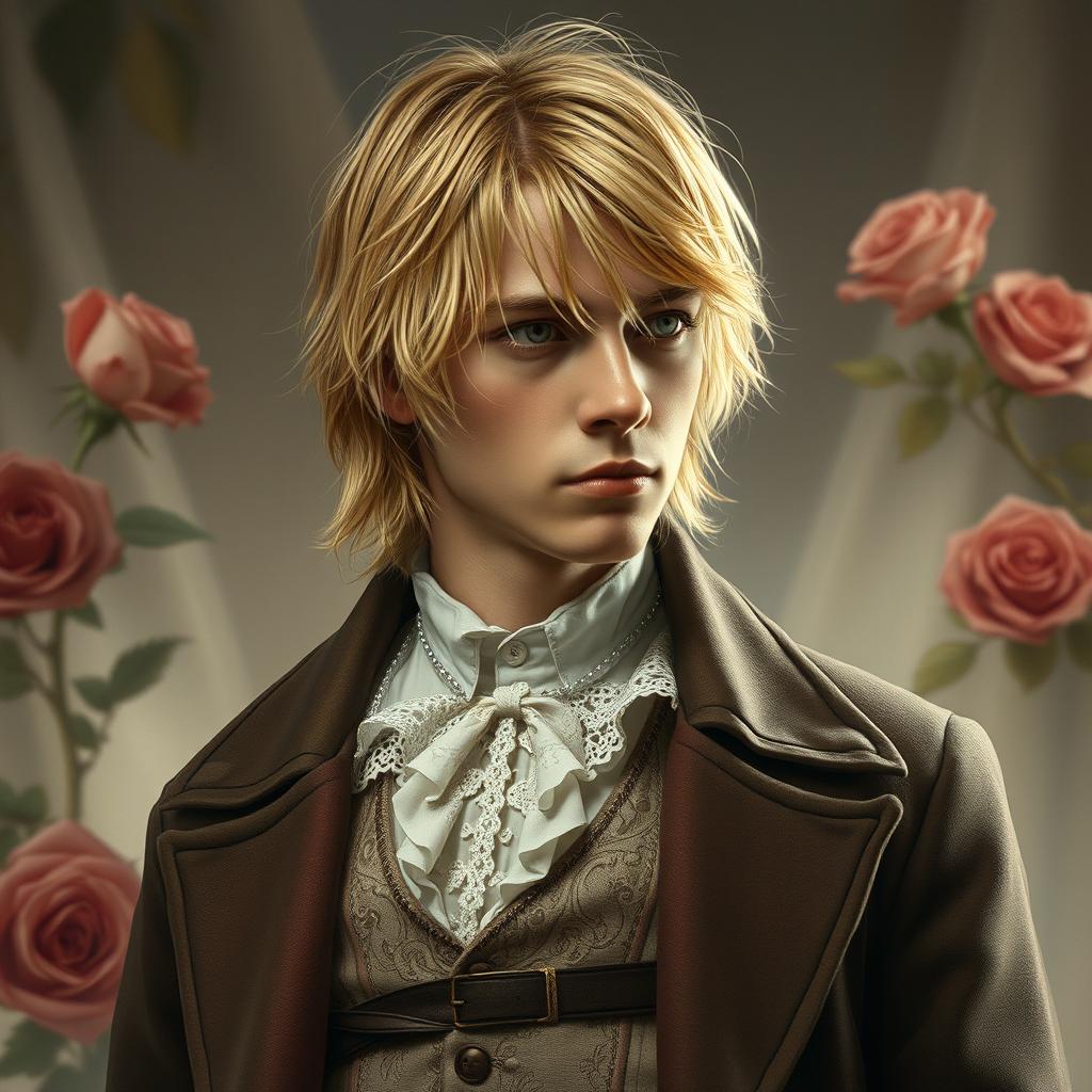 A realistic portrait of Kurt Cobain dressed in a Victorian-style outfit inspired by St
