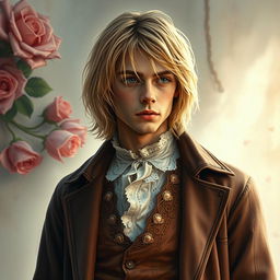 A realistic portrait of Kurt Cobain dressed in a Victorian-style outfit inspired by St