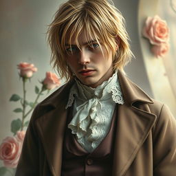 A realistic portrait of Kurt Cobain dressed in a Victorian-style outfit inspired by St