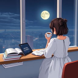 A girl sitting at a table with her back facing the viewer, showcasing clumsy hair and wearing a full white dress