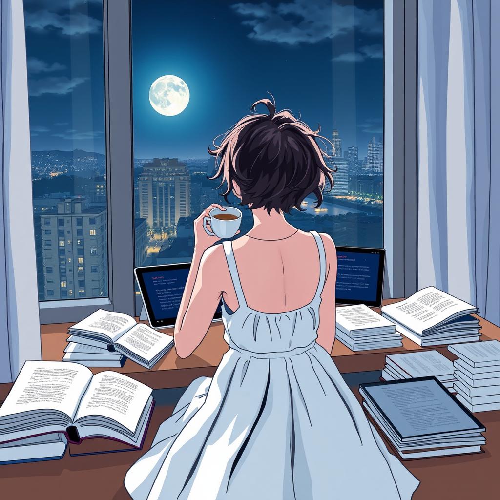 A girl sitting at a table with her back facing the viewer, showcasing clumsy hair and wearing a full white dress