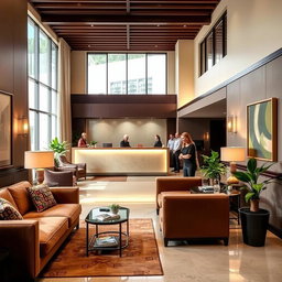 A cozy hotel lobby featuring a welcoming reception desk and comfortable seating areas