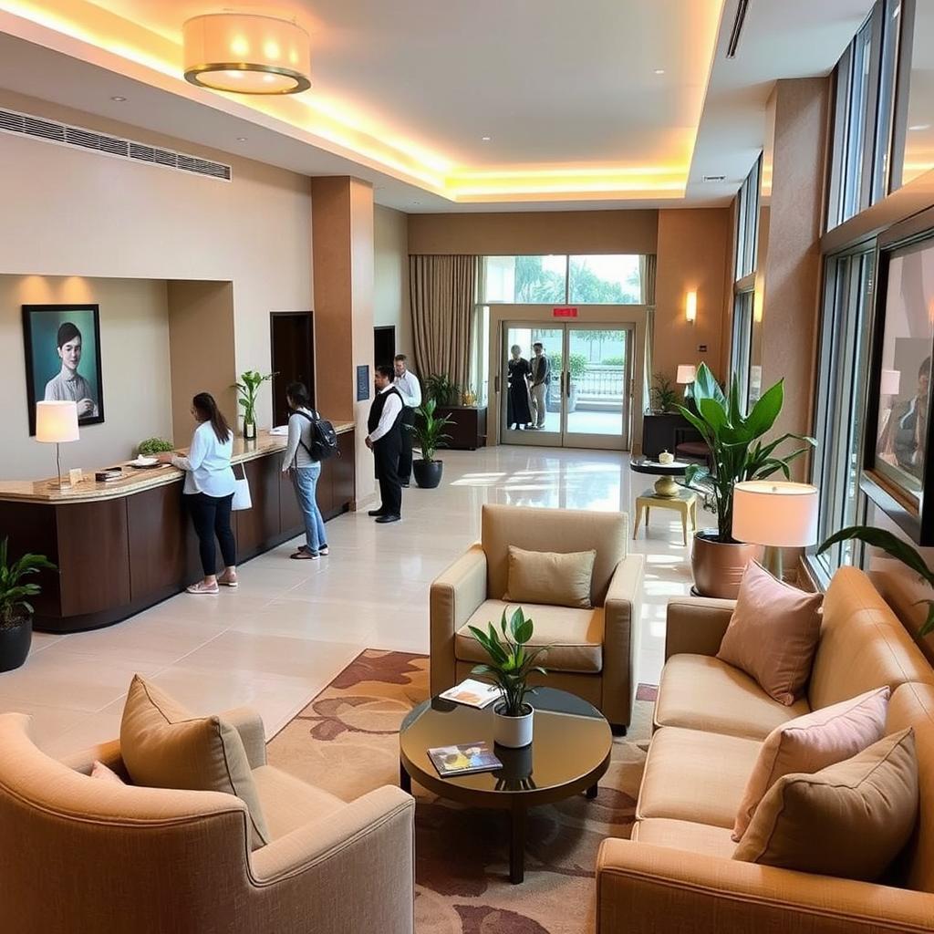 A cozy hotel lobby featuring a welcoming reception desk and comfortable seating areas