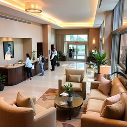 A cozy hotel lobby featuring a welcoming reception desk and comfortable seating areas
