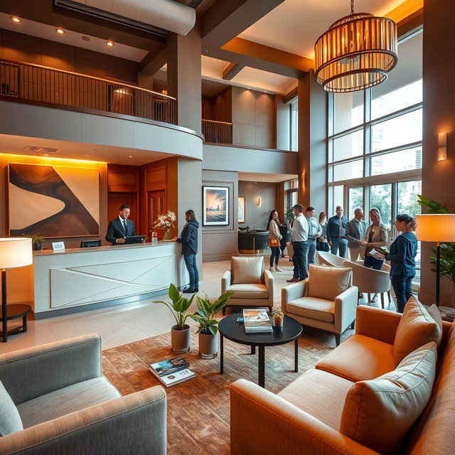 A cozy hotel lobby featuring a welcoming reception desk and comfortable seating areas