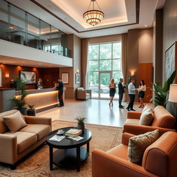 A cozy hotel lobby featuring a welcoming reception desk and comfortable seating areas