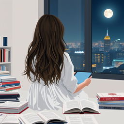 A girl sitting at a study table with her back towards the viewer, showcasing her long, slightly messy hair cascading down her back