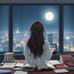 A girl sitting at a study table with her back towards the viewer, showcasing her long, slightly messy hair cascading down her back