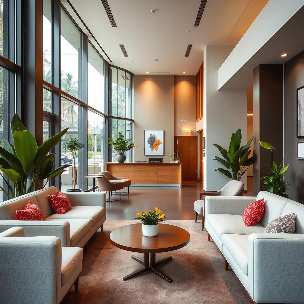 A small modern hotel lobby featuring sleek minimalist design elements, large glass windows allowing natural light, contemporary furniture with a mix of soft couches and stylish chairs, vibrant indoor plants for a touch of greenery, a reception desk made of polished wood, and warm ambient lighting creating a cozy atmosphere