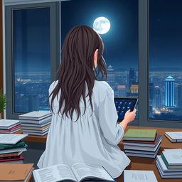 A girl sitting at a study table with her back towards the viewer, showcasing her long, slightly messy hair cascading down her back