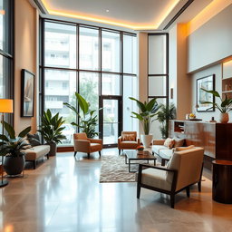 A small modern hotel lobby featuring sleek minimalist design elements, large glass windows allowing natural light, contemporary furniture with a mix of soft couches and stylish chairs, vibrant indoor plants for a touch of greenery, a reception desk made of polished wood, and warm ambient lighting creating a cozy atmosphere