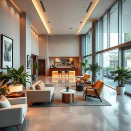 A small modern hotel lobby featuring sleek minimalist design elements, large glass windows allowing natural light, contemporary furniture with a mix of soft couches and stylish chairs, vibrant indoor plants for a touch of greenery, a reception desk made of polished wood, and warm ambient lighting creating a cozy atmosphere