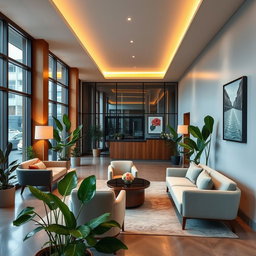 A small modern hotel lobby featuring sleek minimalist design elements, large glass windows allowing natural light, contemporary furniture with a mix of soft couches and stylish chairs, vibrant indoor plants for a touch of greenery, a reception desk made of polished wood, and warm ambient lighting creating a cozy atmosphere