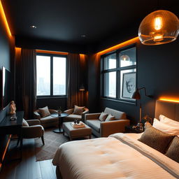 A cozy, modern hotel room featuring dark walls that evoke a sense of sophistication