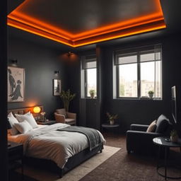 A cozy, modern hotel room featuring dark walls that evoke a sense of sophistication