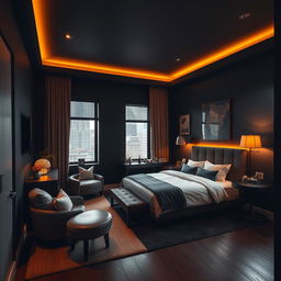 A cozy, modern hotel room featuring dark walls that evoke a sense of sophistication