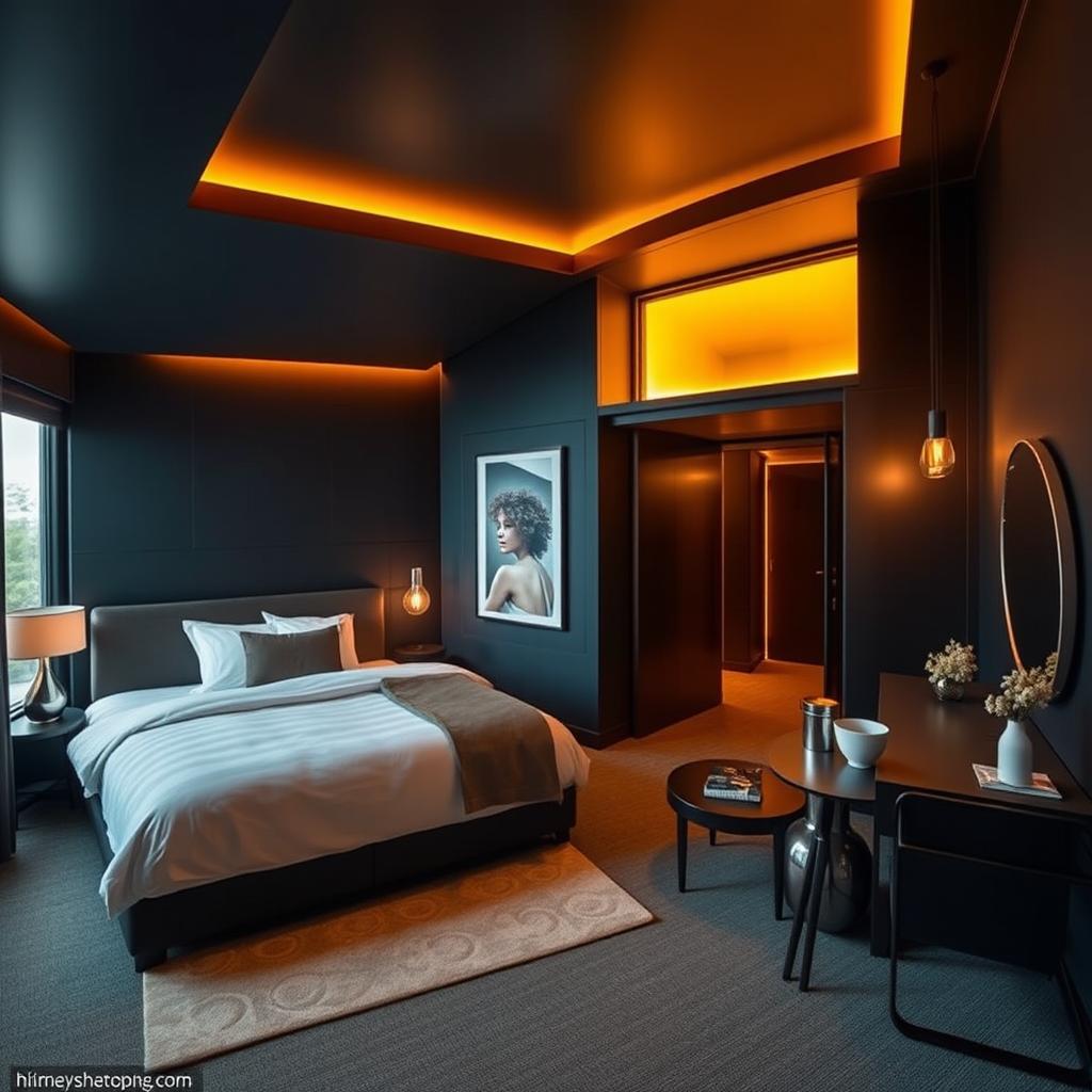 A cozy, modern hotel room featuring dark walls that evoke a sense of sophistication