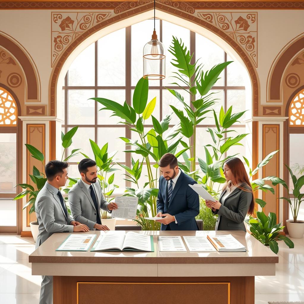A conceptual image illustrating Sharia banking principles, featuring a modern bank interior designed with traditional Islamic architectural elements, such as arches and intricate geometric patterns