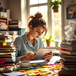 A young woman with a messy hair bun, deeply focused on studying with a tablet in hand