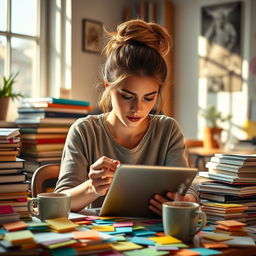 A young woman with a messy hair bun, deeply focused on studying with a tablet in hand