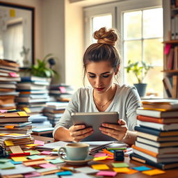 A young woman with a messy hair bun, deeply focused on studying with a tablet in hand
