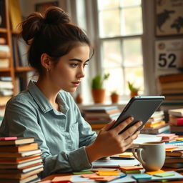 A young woman with a messy hair bun, deeply focused on studying with a tablet in hand