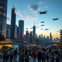 A futuristic city skyline at dusk, showcasing innovative technology with sleek skyscrapers, glowing neon lights, flying cars buzzing through the sky, and advanced renewable energy sources integrated into the architecture