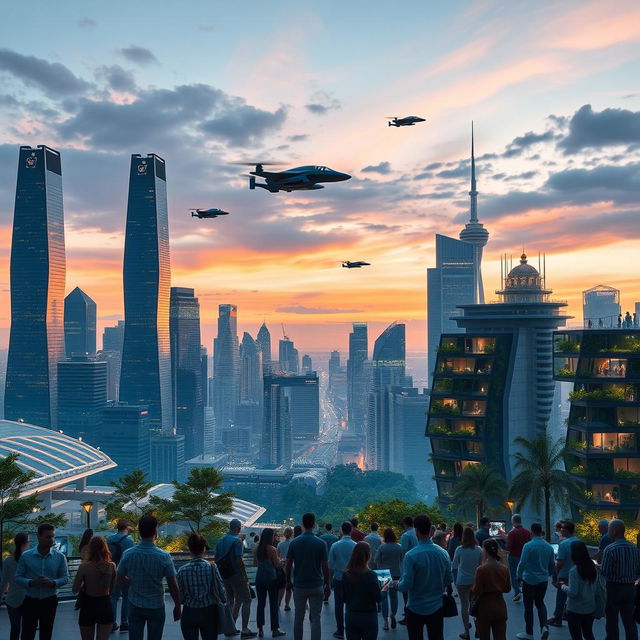 A futuristic city skyline at dusk, showcasing innovative technology with sleek skyscrapers, glowing neon lights, flying cars buzzing through the sky, and advanced renewable energy sources integrated into the architecture