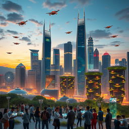 A futuristic city skyline at dusk, showcasing innovative technology with sleek skyscrapers, glowing neon lights, flying cars buzzing through the sky, and advanced renewable energy sources integrated into the architecture