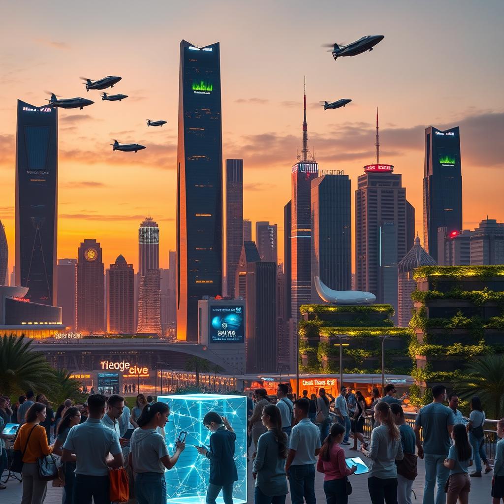A futuristic city skyline at dusk, showcasing innovative technology with sleek skyscrapers, glowing neon lights, flying cars buzzing through the sky, and advanced renewable energy sources integrated into the architecture