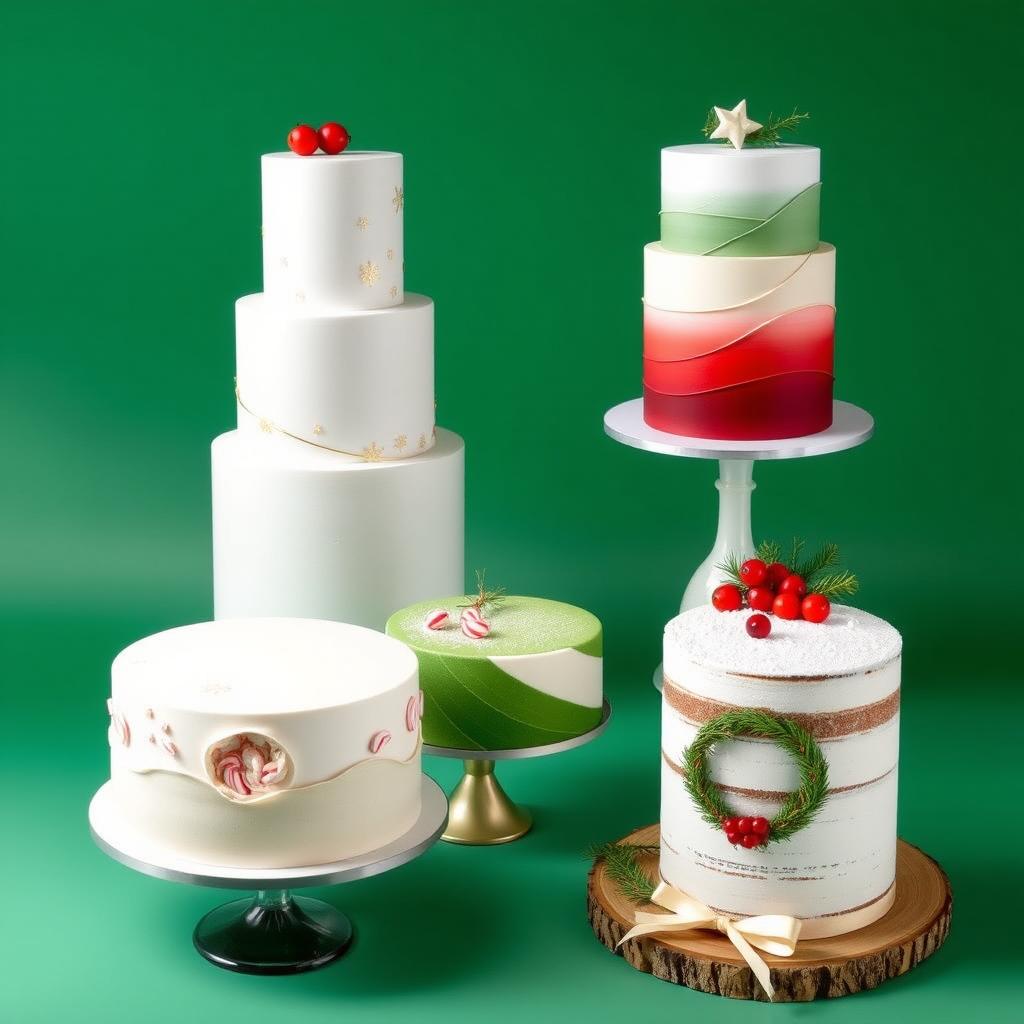 A collection of five beautiful and innovative Christmas-themed minimalist cakes, each one showcasing unique and elegant designs