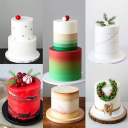 A collection of five beautiful and innovative Christmas-themed minimalist cakes, each one showcasing unique and elegant designs