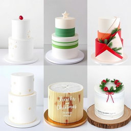 A collection of five beautiful and innovative Christmas-themed minimalist cakes, each one showcasing unique and elegant designs