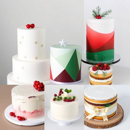 A collection of five beautiful and innovative Christmas-themed minimalist cakes, each one showcasing unique and elegant designs