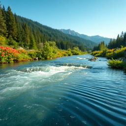 A serene landscape showcasing a pristine river flowing through a lush green forest