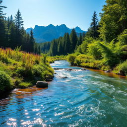 A serene landscape showcasing a pristine river flowing through a lush green forest