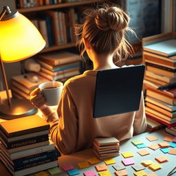 A girl sitting at a study table, her backside visible with a messy hair bun, deeply focused on her tablet