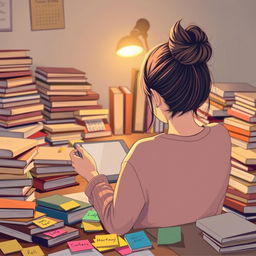 A girl sitting at a study table, her backside visible with a messy hair bun, deeply focused on her tablet