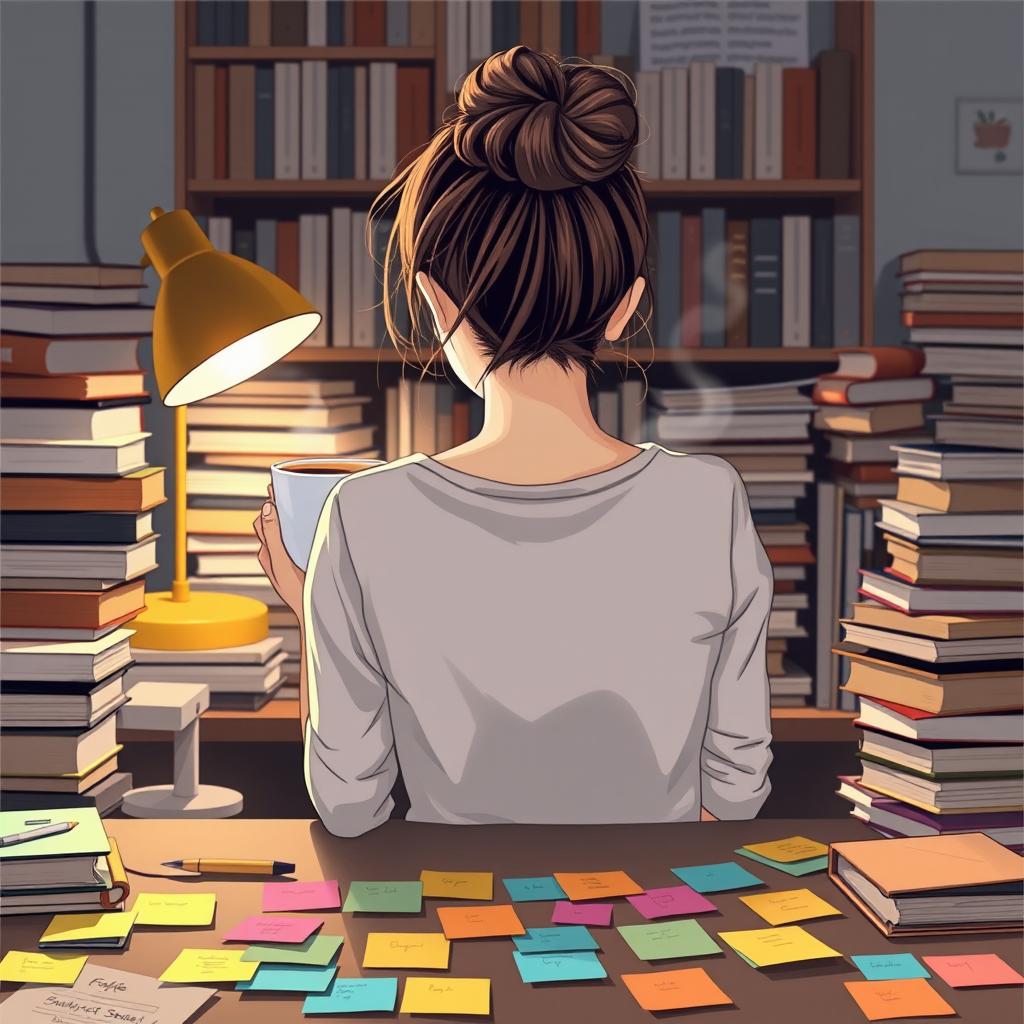 A girl sitting at a study table, her backside visible with a messy hair bun, deeply focused on her tablet