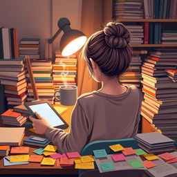 A girl sitting at a study table, her backside visible with a messy hair bun, deeply focused on her tablet