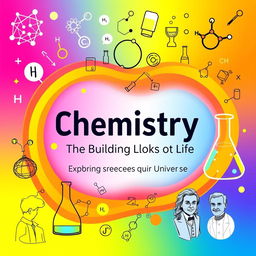 An engaging and visually stimulating cover page for a chemistry book, featuring a vibrant mix of chemical symbols, molecular structures, and laboratory glassware