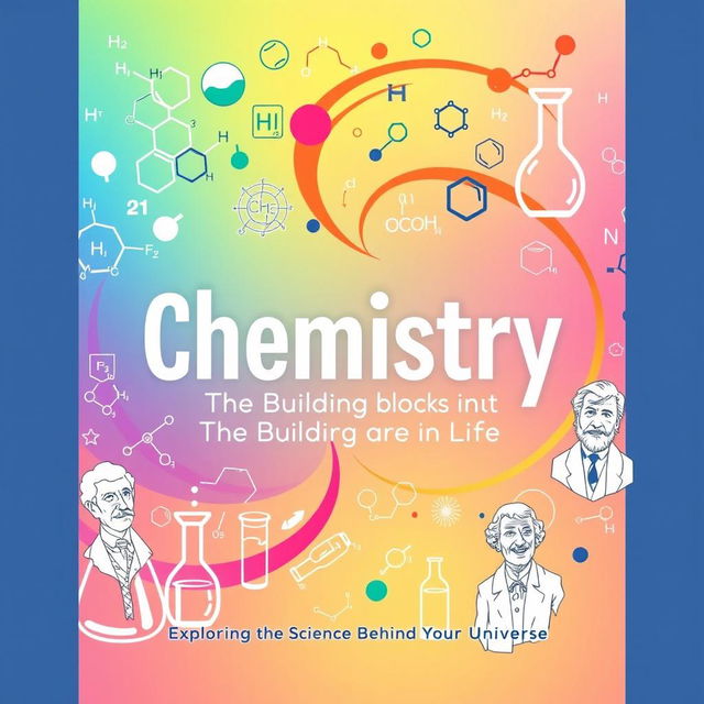 An engaging and visually stimulating cover page for a chemistry book, featuring a vibrant mix of chemical symbols, molecular structures, and laboratory glassware
