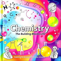 An engaging and visually stimulating cover page for a chemistry book, featuring a vibrant mix of chemical symbols, molecular structures, and laboratory glassware